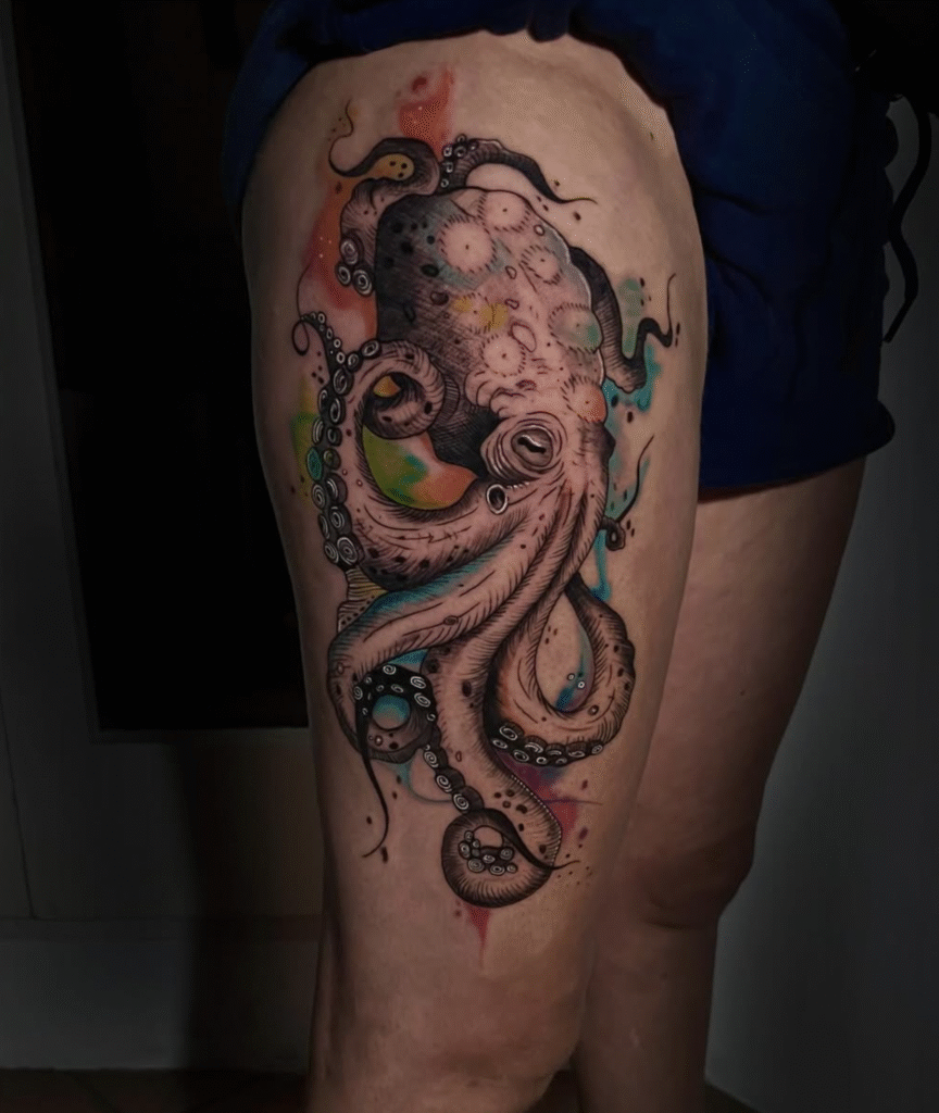 Tatuaje artístico en pierna hecho en Tattoo Cadaqués